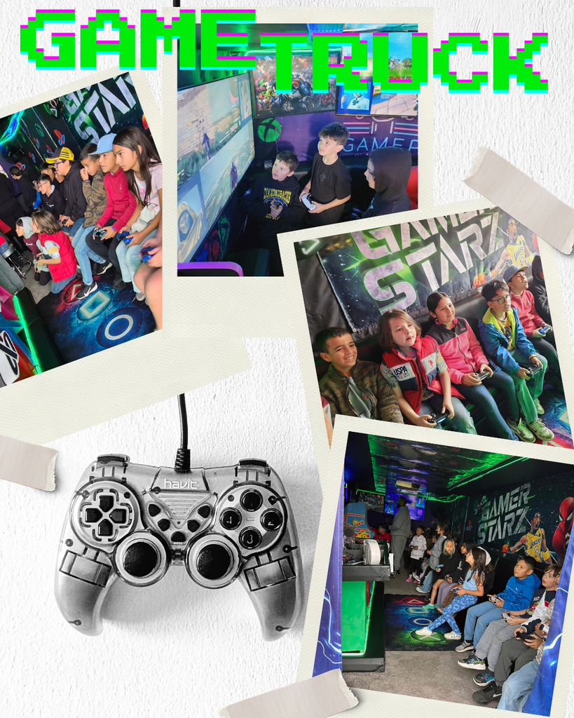Photo collage of happy students playing video games in the game truck.