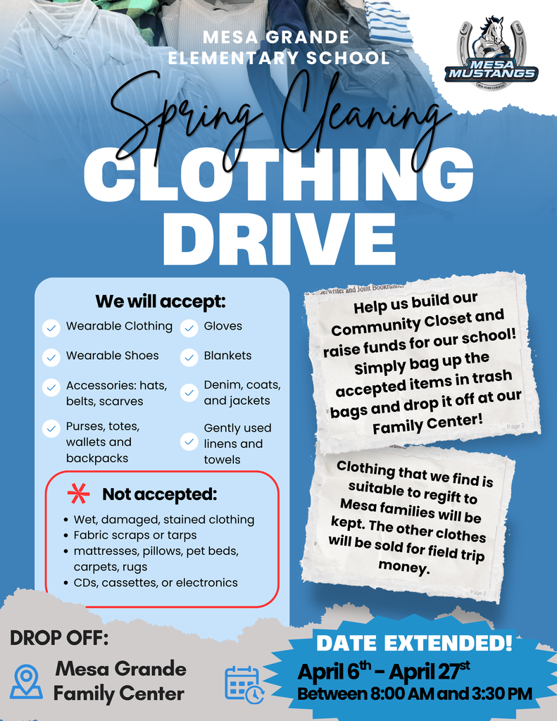Clothing Drive: April 6th - 27th. Drop off in the family center between 8 AM and 3:30 PM. 