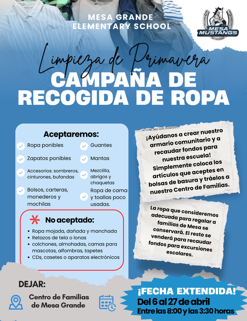 Campaña de recogida de ropa: Abril 6th - 27th. Dejar en el centro de familias entre las 8 AM y 3:30 PM. 