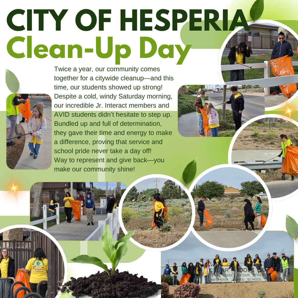 City of Hesperia Clean up Day   Twice a year, our community comes together for a citywide cleanup—and this time, our students showed up strong! 💪🌎  Despite a cold, windy Saturday morning, our incredible Jr. Interact members and AVID students didn’t hesitate to step up. Bundled up and full of determination, they gave their time and energy to make a difference, proving that service and school pride never take a day off! 🙌✨  Way to represent and give back—you make our community shine! 🌟🧹 @cityofhesperia @MojaveWatershed   #SpartanService #CommunityStrong #StudentLeaders #MakingADifference #ServeWithHeart