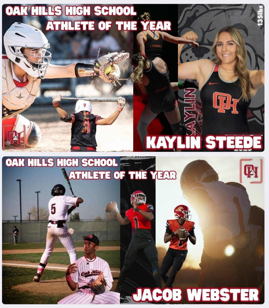Congratulations to our Citrus Belt Area Athletic Directors Association Athletes of the Year, Kaylin Steede and Jacob Webster, who were recently honored at California Baptist University.  Kaylin was a standout dual-sport athlete in girls wrestling and softball, capturing Mojave River League titles in both during her senior year. She will continue her academic and athletic career at Indiana Tech this fall, where she will play softball.  Jacob was also a dominant dual-sport athlete. He earned back-to-back MRL Quarterback of the Year honors in football and set the Oak Hills single-season record for most home runs in baseball. Jacob will continue his baseball career at Loyola Marymount University.  We are incredibly proud of both Kaylin and Jacob for their achievements and for representing Oak Hills with excellence.
