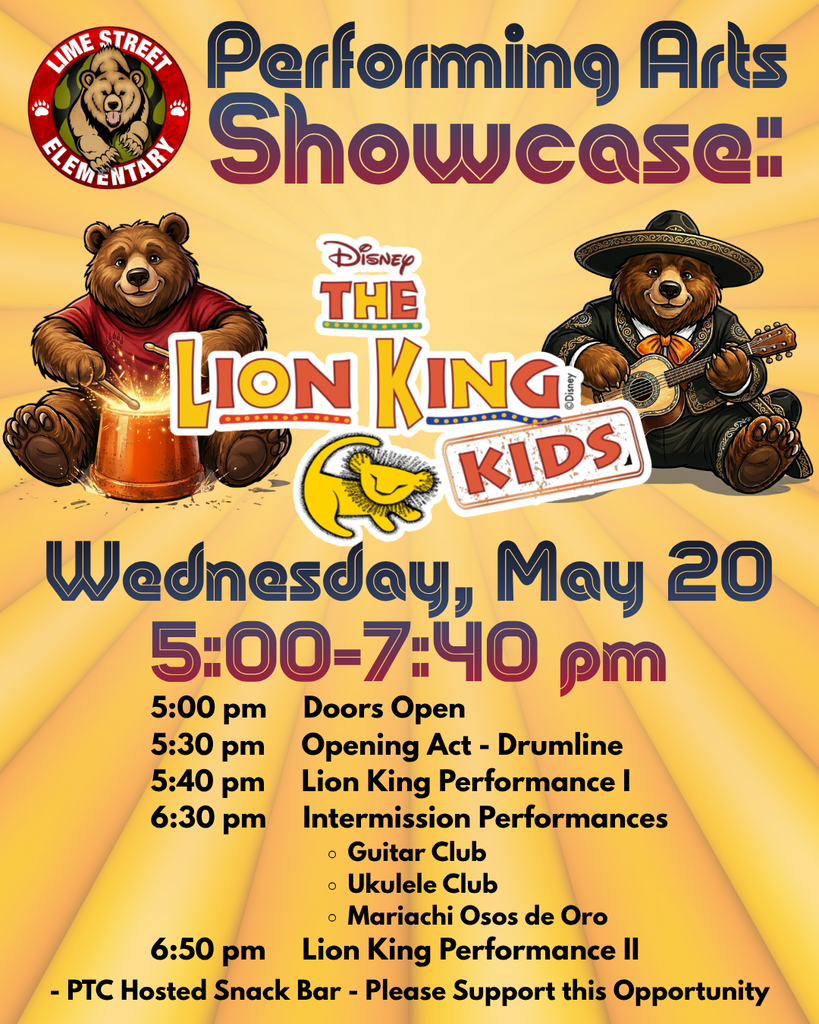 🦁 Get ready for a night of music and magic! Join us for our upcoming Performing Arts Showcase, featuring a special production of The Lion King Jr.! The evening includes: Opening Act: High-energy performance by the Lime Street Drumline! Intermission includes live music from our Ukulele and Guitar clubs, and Lime Street’s Mariachi Osos de Oro. Don't miss out on this spectacular show! 🎭✨  🦁 ¡Prepárate para una noche de música y magia! ¡Acompáñanos en nuestra próxima Muestra de Artes Escénicas, con una producción especial de «El Rey León para ninos»! La velada incluye: Acto de apertura: ¡una actuación llena de energía a cargo de la Lime Street Drumline! Durante el intermedio, podrás disfrutar de música en directo a cargo de nuestros clubes de ukelele y guitarra, y de nuestro primer mariachi de Lime Street Mariachi Osos de Oro. ¡No te pierdas este espectáculo! 🎭✨