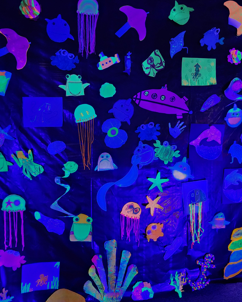 Wall of various paper sea creatures