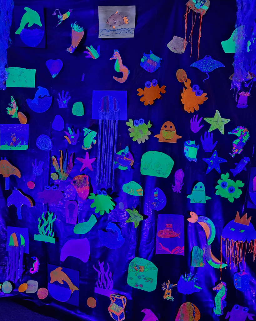 Wall of various paper sea creatures
