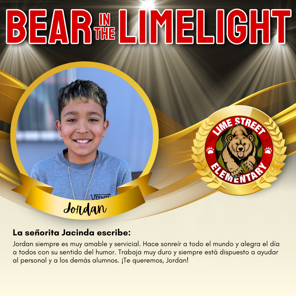 This week's “Bear in the Limelight.” Staff members recognize students for their amazing choices and efforts each week. Come back each week to see our latest Bears in the Limelight! Join us in celebrating our community.  De esta semana "Bear in the Limelight" “Oso en la luz de Lime.” Cada semana, los miembros del personal reconocerán a estudiantes por sus increíbles acciones, buenas decisiones y esfuerzos. ¡Regresa a esta página cada semana para ver nuestros más recientes “Bears in the Limelight” “Osos en la Luz de Lime”! Únase a nosotros para celebrar nuestra comunidad. (1/2)   #LSbears #limestreetelementary #ImpacttheFutureHUSD