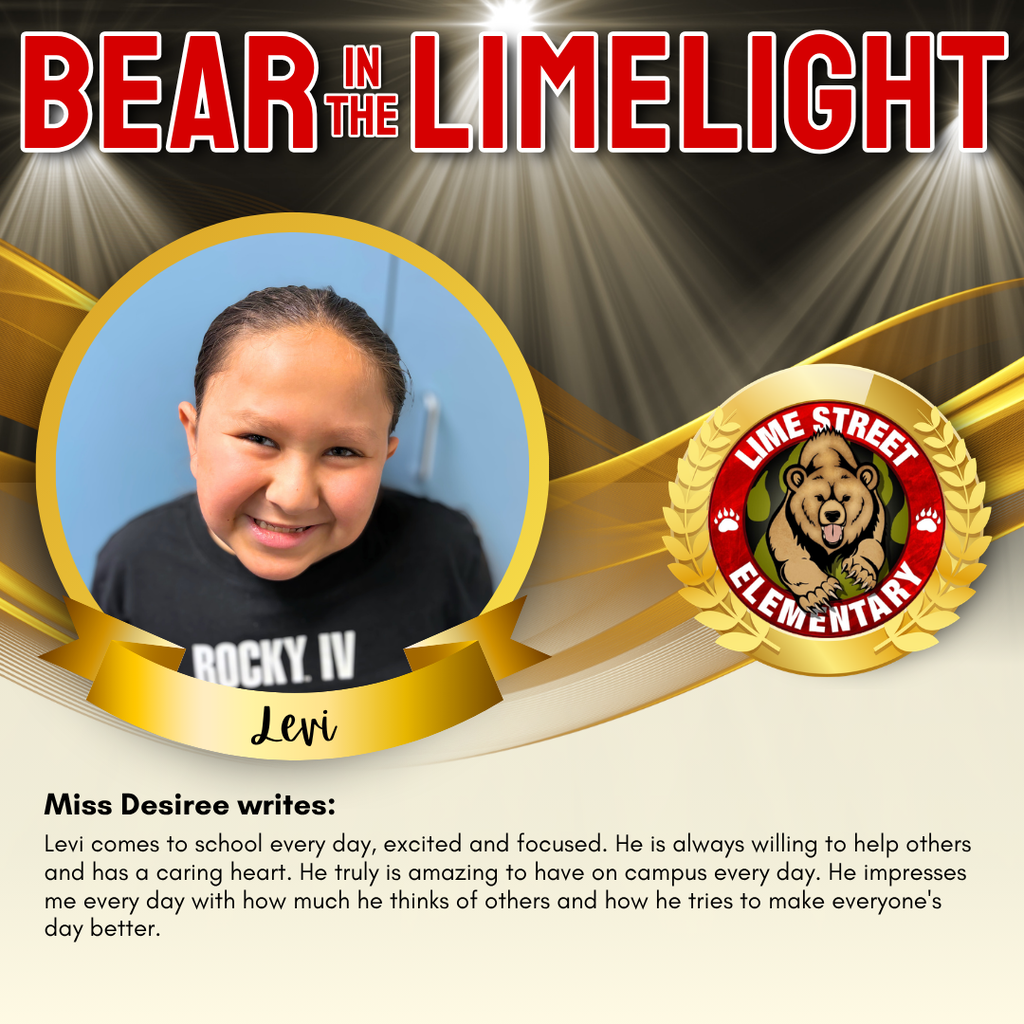 This week's “Bear in the Limelight.” Staff members recognize students for their amazing choices and efforts each week. Come back each week to see our latest Bears in the Limelight! Join us in celebrating our community.  De esta semana "Bear in the Limelight" “Oso en la luz de Lime.” Cada semana, los miembros del personal reconocerán a estudiantes por sus increíbles acciones, buenas decisiones y esfuerzos. ¡Regresa a esta página cada semana para ver nuestros más recientes “Bears in the Limelight” “Osos en la Luz de Lime”! Únase a nosotros para celebrar nuestra comunidad. (2/2)   #LSbears #limestreetelementary #ImpacttheFutureHUSD