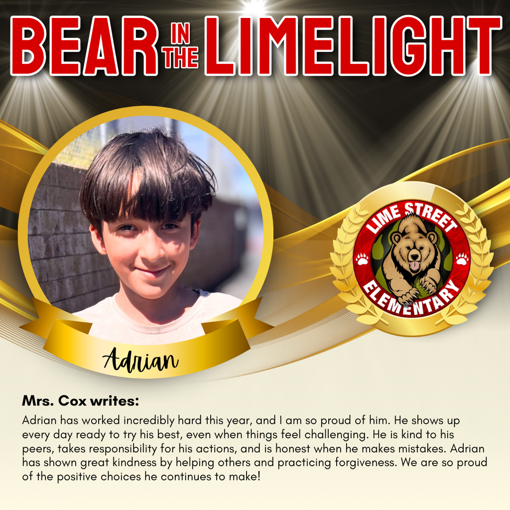 This week's “Bear in the Limelight.” Staff members recognize students for their amazing choices and efforts each week. Come back each week to see our latest Bears in the Limelight! Join us in celebrating our community.  De esta semana "Bear in the Limelight" “Oso en la luz de Lime.” Cada semana, los miembros del personal reconocerán a estudiantes por sus increíbles acciones, buenas decisiones y esfuerzos. ¡Regresa a esta página cada semana para ver nuestros más recientes “Bears in the Limelight” “Osos en la Luz de Lime”! Únase a nosotros para celebrar nuestra comunidad. (2/2)   #LSbears #limestreetelementary #ImpacttheFutureHUSD