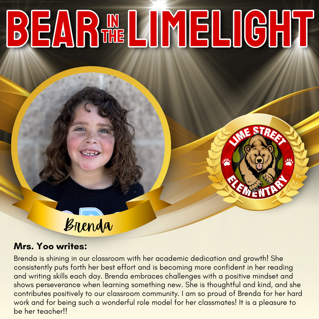 This week's “Bear in the Limelight.” Staff members recognize students for their amazing choices and efforts each week. Come back each week to see our latest Bears in the Limelight! Join us in celebrating our community.  De esta semana "Bear in the Limelight" “Oso en la luz de Lime.” Cada semana, los miembros del personal reconocerán a estudiantes por sus increíbles acciones, buenas decisiones y esfuerzos. ¡Regresa a esta página cada semana para ver nuestros más recientes “Bears in the Limelight” “Osos en la Luz de Lime”! Únase a nosotros para celebrar nuestra comunidad. (2/2)   #LSbears #limestreetelementary #ImpacttheFutureHUSD