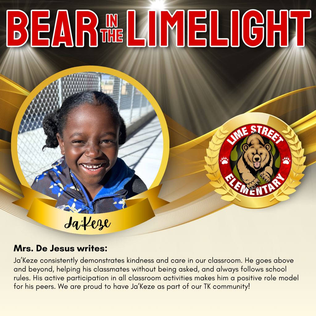 This week's “Bear in the Limelight.” Staff members recognize students for their amazing choices and efforts each week. Come back each week to see our latest Bears in the Limelight! Join us in celebrating our community.  De esta semana "Bear in the Limelight" “Oso en la luz de Lime.” Cada semana, los miembros del personal reconocerán a estudiantes por sus increíbles acciones, buenas decisiones y esfuerzos. ¡Regresa a esta página cada semana para ver nuestros más recientes “Bears in the Limelight” “Osos en la Luz de Lime”! Únase a nosotros para celebrar nuestra comunidad. (2/2)   #LSbears #limestreetelementary #ImpacttheFutureHUSD