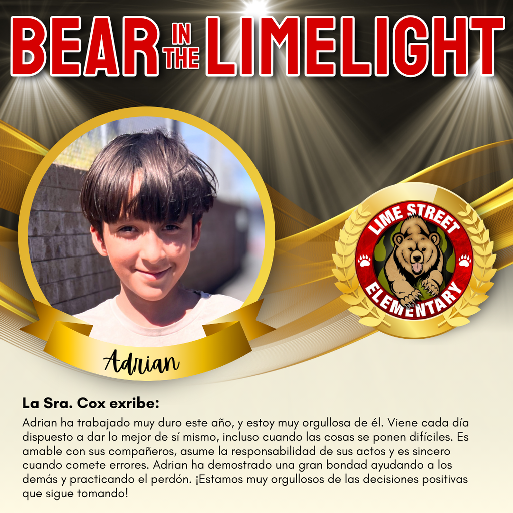 This week's “Bear in the Limelight.” Staff members recognize students for their amazing choices and efforts each week. Come back each week to see our latest Bears in the Limelight! Join us in celebrating our community.  De esta semana "Bear in the Limelight" “Oso en la luz de Lime.” Cada semana, los miembros del personal reconocerán a estudiantes por sus increíbles acciones, buenas decisiones y esfuerzos. ¡Regresa a esta página cada semana para ver nuestros más recientes “Bears in the Limelight” “Osos en la Luz de Lime”! Únase a nosotros para celebrar nuestra comunidad. (2/2)   #LSbears #limestreetelementary #ImpacttheFutureHUSD
