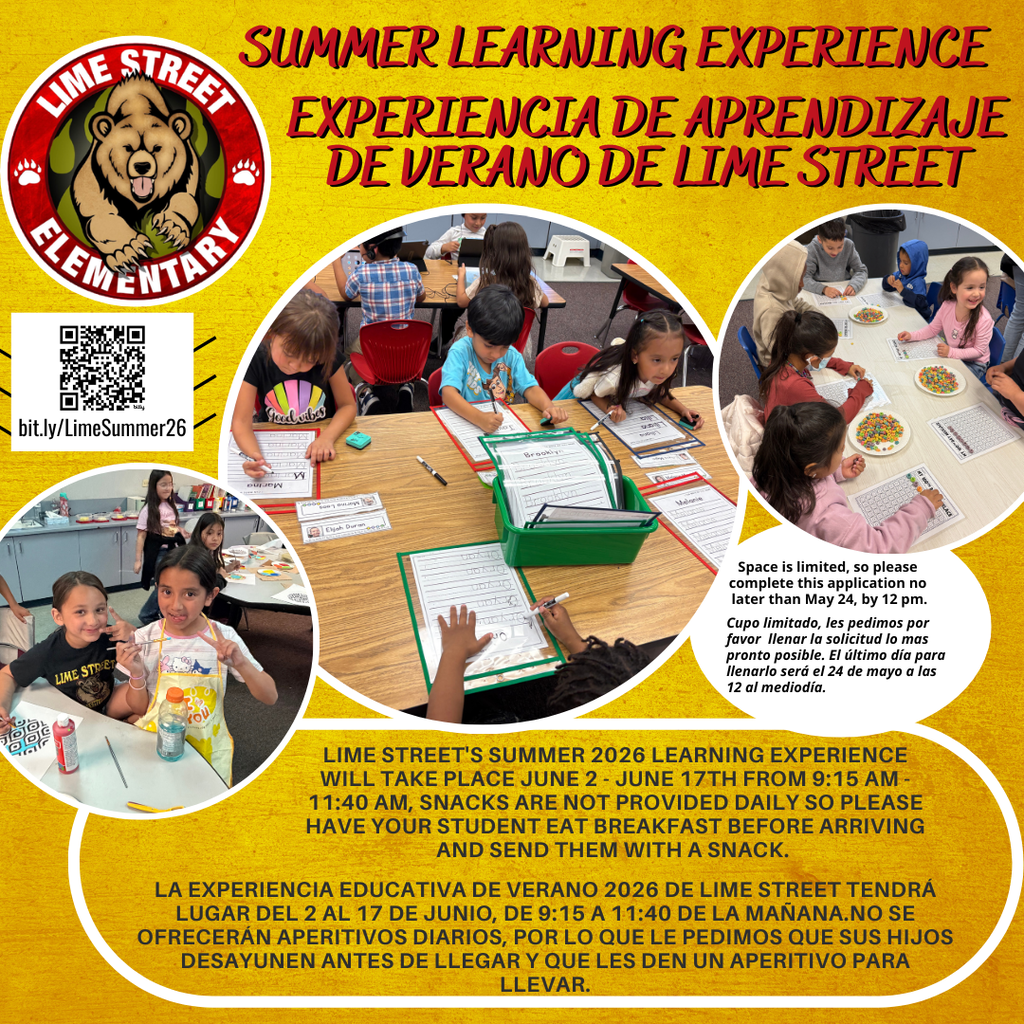 Lime Street's Summer 2026 Learning Experience will take place in-person on select days from June 2 - 17 from 9:15 AM - 11:40 AM. Snacks are not provided daily so please have your student eat breakfast before arriving and send them with a snack.   Completing this form does not enroll your student in the Summer Learning Experience. This form is in order to collect data on what programs have interest. Another form will come out that will enroll your student for the Summer Learning program you select for your student.   bit.ly/LimeSummer26   La Experiencia de Aprendizaje de Verano 2026 de Lime Street se llevará a cabo en persona en días seleccionados del 2 al 17 de junio, de 9:15 a. m. a 11:40 a. m. No se proporcionarán refrigerios diariamente, así que por favor asegúrese de que su estudiante desayune antes de llegar y envíelo con un refrigerio.  Completar este formulario no inscribe a su estudiante en la Experiencia de Aprendizaje de Verano. Este formulario es para recopilar información sobre qué programas generan interés. Más adelante se enviará otro formulario que servirá para inscribir a su estudiante en el programa de Aprendizaje de Verano que seleccione para él o ella.  bit.ly/LimeSummer26   #LSBears #LimeStreetElementary #ImpactTheFutureHUSD 