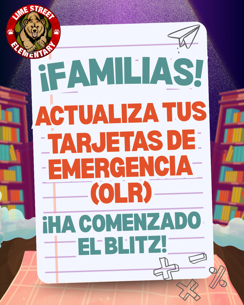 Lime Street Elementary - 🚨Our Emergency Card Update Blitz Has Begun! 🚨 Complete your child’s Emergency Card Update by: Friday, May 22 for a chance to: 🎉 Learn your child’s 2026 - 2027 teacher BEFORE August! 🎟 Be entered into prize drawings 🚲 Have a chance to win a BIKE or TV!  Completing Emergency Cards helps us prepare class placements, update student information, ensure student safety, and get ready for an amazing 26-27 school year!  To update: Scan the QR code or visit: bit.ly/LSEOLR   Thank you for helping us prepare for an amazing year at Lime Street Elementary!  Need to reset your password? Fill out this form and we will call you. Bit.ly/LSEPASS For support call Rosa (760) 244-0512.  Lime Street Elementary - 🚨¡Ya ha comenzado nuestra campaña relámpago para actualizar las tarjetas de emergencia!  🚨 Actualiza la tarjeta de emergencia de tu hijo antes del viernes 22 de mayo y podrás: 🎉 ¡Descubre quién será el maestro(a) de tu hijo para el año 2026-2027 ANTES de agosto! 🎟 Participa en los sorteos 🚲 ¡Tendrás la oportunidad de ganar una BICICLETA o un TELEVISOR!  ¡Rellenar la tarjeta de emergencia nos ayuda a organizar las clases, actualizar la información de los estudiantes, garantizar su seguridad y prepararnos para un curso 2026-2027 increíble!  Para actualizar: Escanea el código QR o visita: bit.ly/LSEOLR   ¡Gracias por ayudarnos a preparar un evento increíble!  ¿Necesita restablecer su contraseña? Complete este formulario y le llamaremos. Bit.ly/LSEPASS  Para recibir ayuda, llame a Rosa al (760) 244-0512.   #LSBears #LimeStreetElementary                                              