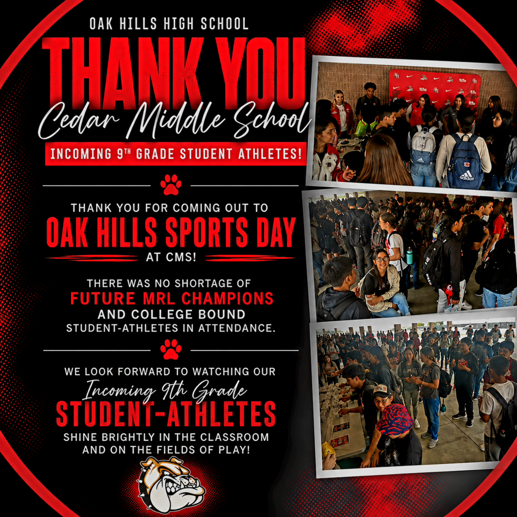 We would like to thank all of our incoming 9th grade student-athletes for joining us recently for Oak Hills Sports Day at CMS!  What an incredible turnout by our future Bulldogs! We are extremely excited about this incoming class of student-athletes and cannot wait to see them shine in the classroom and on the fields of play. The future of Oak Hills Athletics is BRIGHT! 🐾🔥  A huge BARC out to the CMS Athletic Coaching Staff for the incredible job they are doing preparing our future MRL Championship-winning and college-bound student-athletes for the next level.  The future is here… and it’s wearing RED & BLACK! ❤️🖤 #BulldogBuilt #OakHillsAthletics #FutureMRLChampions #CollegeBound #BARC