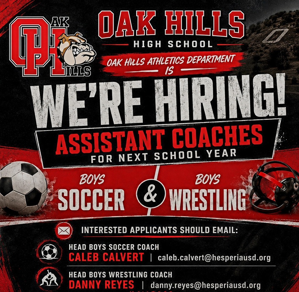 It’s a GREAT time to join Bulldog Athletics! 🐾🔥  The Oak Hills Bulldogs are currently looking to hire passionate and energetic ASSISTANT COACHES for: ⚽ Boys Soccer 🤼 Boys Wrestling  If you are ready to be part of a championship culture, mentor outstanding student-athletes, and help continue the tradition of excellence at Oak Hills High School, we want to hear from you!  Interested applicants can reach out directly to our Head Coaches: ⚽ Caleb Calvert 🤼 Danny Reyes  Come be part of something special! ❤️🖤 #BulldogBuilt #OakHillsAthletics #JoinThePack #ChampionshipCulture