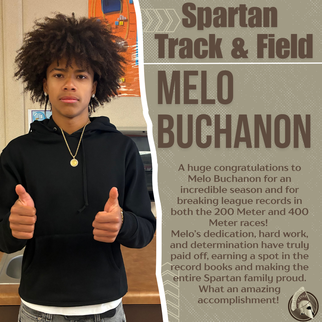 ⚡ SPEED. POWER. HISTORY. ⚡ A huge congratulations to Melo Buchanon for an incredible season and for breaking league records in both the 200 Meter and 400 Meter races! Melo’s dedication, hard work, and determination have truly paid off, earning a spot in the record books and making the entire Spartan family proud. What an amazing accomplishment! Keep pushing limits and representing Spartan excellence every step of the way! #SpartanPride #RecordBreaker #TrackStar