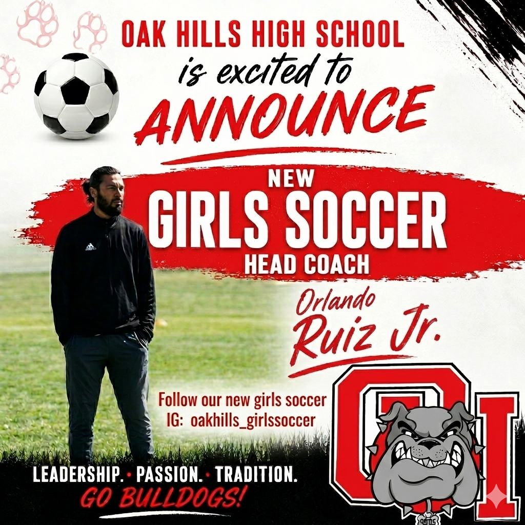 🚨 OFFICIAL ANNOUNCEMENT: A NEW ERA FOR OAK HILLS GIRLS SOCCER! 🚨 The wait is officially over, Bulldog Nation! Oak Hills High School is absolutely thrilled and proud to announce Orlando Ruiz Jr. as our brand-new Girls Soccer Head Coach! 🐾⚽️ Coach Orlando comes to the program with historical ties to OHHS, burning passion, and a fierce commitment to our deep-rooted traditions. He is fully loaded, locked in, and prepared to elevate our incredibly talented squad to absolute greater heights! 🚀🔥 The future of Oak Hills Girls Soccer is looking brighter than ever before. Let’s show him what this community is all about... 📣 DROP A COMMENT & WELCOME THE COACH! "Please join us in giving a massive, loud Bulldog welcome to Coach Orlando! Let's get to work! 🔴⚫️" 👉 Follow the official journey on IG: @oakhills_girlssoccer 📅 👀 WAIT, THERE'S MORE... SWIPE LEFT! Don't miss a beat! New Mini Camp dates and critical details are officially announced on the NEXT PAGE! Get those calendars ready, make sure your physicals are set for the '26-'27 season, and let's build something historic. #GoBulldogs #OakHillsSoccer #NewEra #BulldogPride #LeadershipPassionTradition