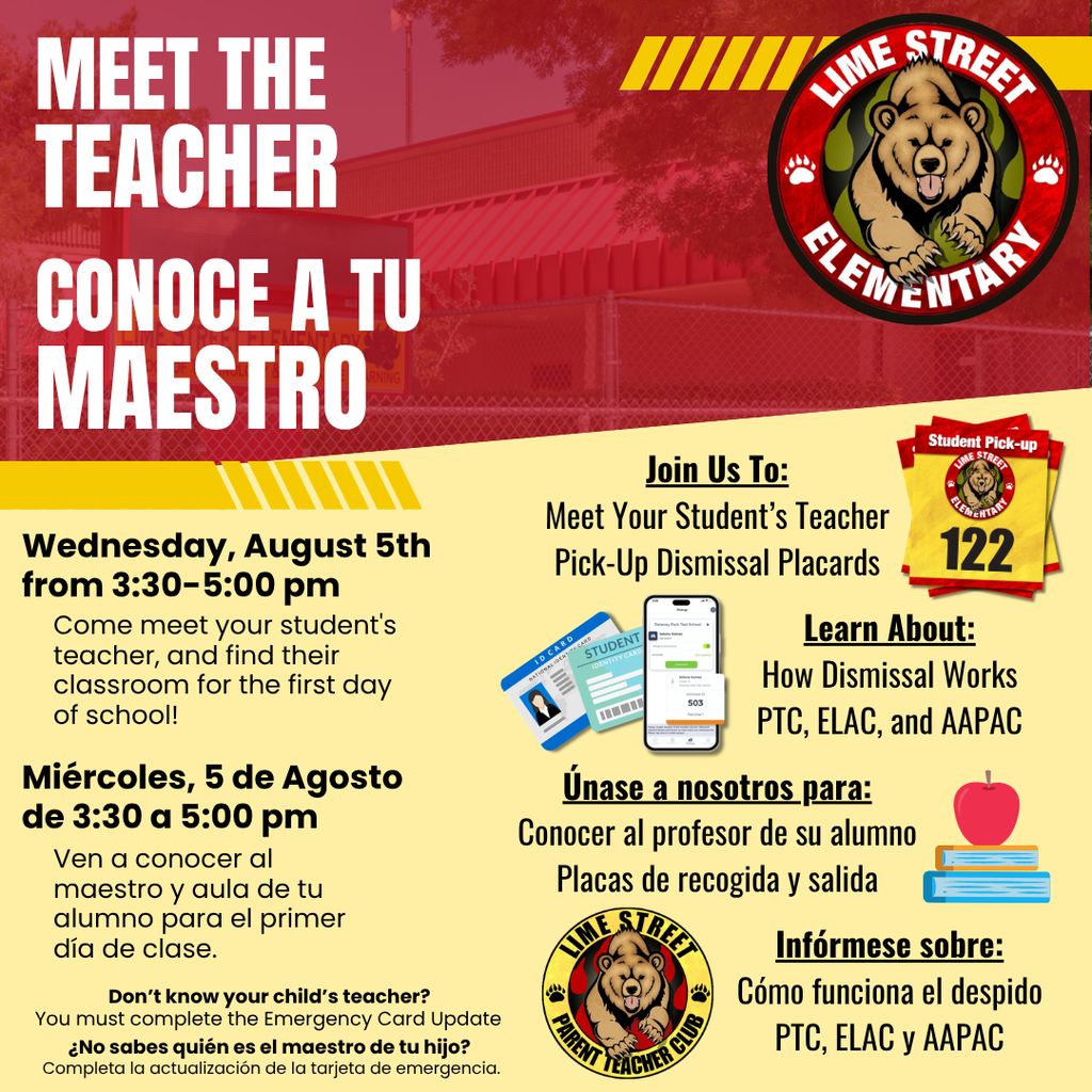 Meet the Teacher - Wednesday, August 5th from 3:30-5:00 pm. Conoce a tu maestro - miércoles, 5 de agosto de 3:30 a 5:00 pm