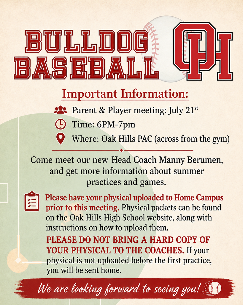 Attention future and current OHHS baseball players and parents, please see the flyer above for our first informational meeting with new head coach, Coach Manny, and staff!