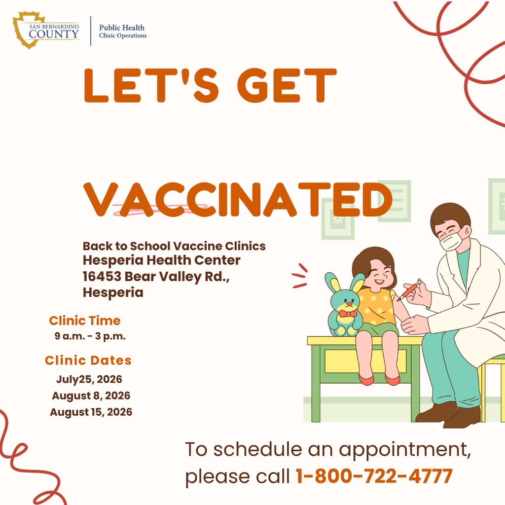 📢 **Need to update your child's immunizations before the new school year?** If your student still needs their **TDaP vaccine** or any other required immunizations, the **Hesperia Health Clinic** is offering upcoming vaccine clinic dates to help families get ready for school! 📍 **Location:** Hesperia Health Clinic 16453 Bear Valley Rd. Hesperia, CA 🗓️ **Upcoming Clinic Dates:** • July 25, 2026 • August 8, 2026 • August 15, 2026 Please **see the attached flyer** for information on how to schedule your appointment. We encourage families to make appointments as soon as possible to ensure students are ready for the first day of school! #HesperiaUSD #BackToSchool #StudentHealth #ReadyForSchool