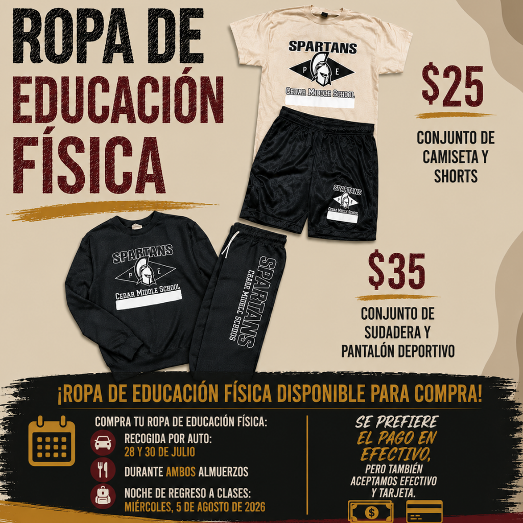 Get Ready for P.E.! Spartan P.E. clothing sets are now available for purchase! Purchase your P.E. clothes during: Drive-Thru Pick-Up: July 28 & July 30 (P.E. clothes will be available for purchase during Drive-Thru Pick-Up.) Both Lunch Periods Back to School Night: Wednesday, August 5, 2026 P.E. T-Shirt & Shorts Set: $25 Sweatshirt & Sweatpants Set: $35 💵 Cash is preferred, but both cash and card are accepted. Be sure to stop by during Drive-Thru Pick-Up on July 28 or July 30, during lunch, or at Back to School Night on August 5, 2026, to purchase your P.E. gear and be ready for the new school year. We can't wait to welcome everyone back! #CMSSpartans #SpartanPride #GearUpSpartans h