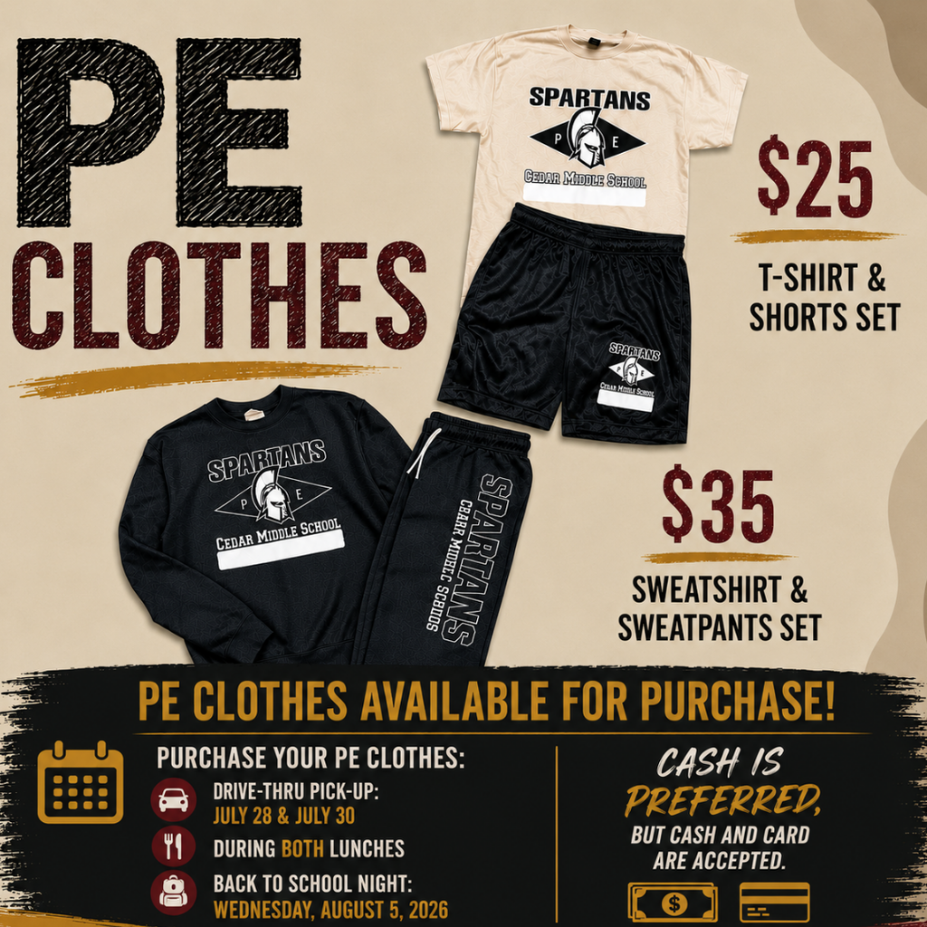 Get Ready for P.E.! Spartan P.E. clothing sets are now available for purchase! Purchase your P.E. clothes during: Drive-Thru Pick-Up: July 28 & July 30 (P.E. clothes will be available for purchase during Drive-Thru Pick-Up.) Both Lunch Periods Back to School Night: Wednesday, August 5, 2026 P.E. T-Shirt & Shorts Set: $25 Sweatshirt & Sweatpants Set: $35 💵 Cash is preferred, but both cash and card are accepted. Be sure to stop by during Drive-Thru Pick-Up on July 28 or July 30, during lunch, or at Back to School Night on August 5, 2026, to purchase your P.E. gear and be ready for the new school year. We can't wait to welcome everyone back! #CMSSpartans #SpartanPride #GearUpSpartans