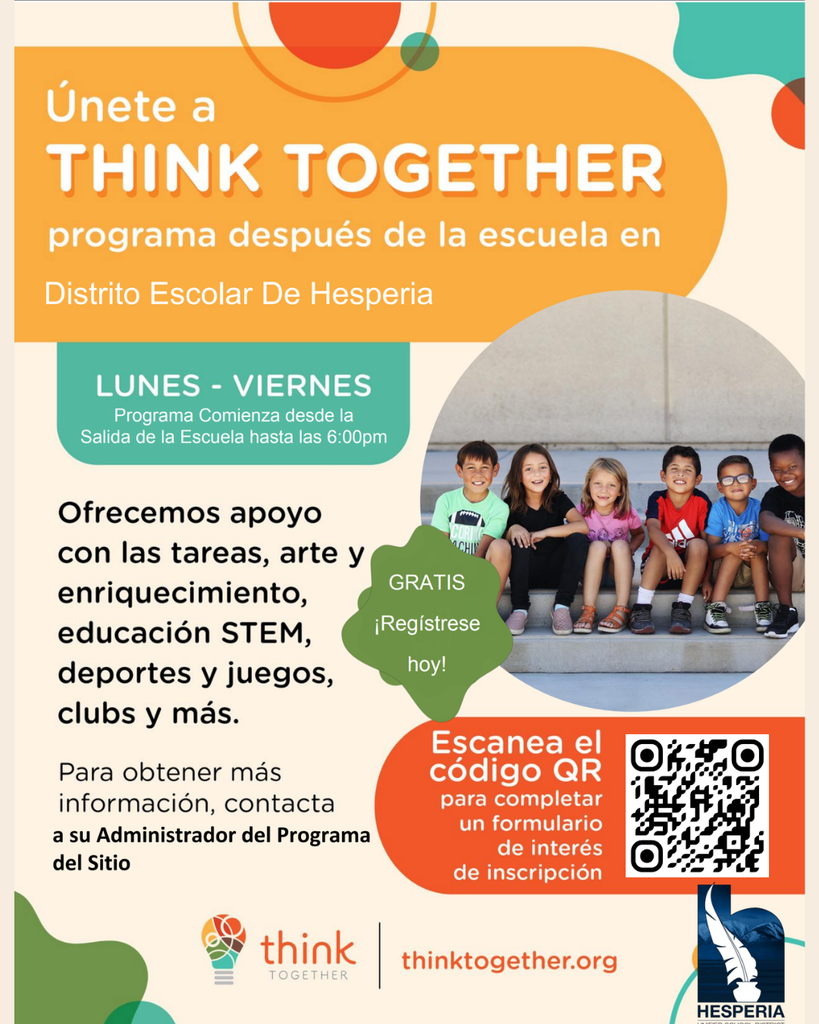 ¡Únete al programa después de la escuela de Think Together! Ofrecemos apoyo con las tareas, arte y enriquecimiento, educación STEM, deportes y juegos, clubs y más. thinktogether.org/enroll