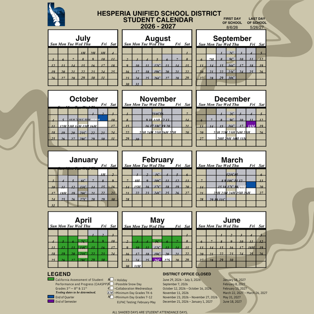 Don't miss out on everything happening at Cedar Middle School! Our student calendar is your go-to resource for important dates, school events, minimum days, holidays, spirit days, parent meetings, athletic events, and more. We encourage all Spartan families to keep a copy handy and check it regularly so you can stay informed and involved throughout the school year. Here's to an amazing year—we can't wait to share it with you!