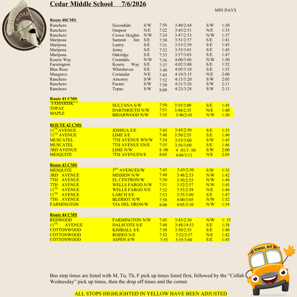 Information Packet Reminder Students are bringing home an important information packet today. Please review the packet with your student and complete the following forms: ✅ Mode of Transportation Form ✅ 3-Way School Pledge Please sign and return both forms to your student's 1st period teacher by Monday, 8/10. Please note: The transportation schedule included in the packet has since been updated. Please refer to the attached, updated bus route schedule for the most current bus stop information. Thank you for your partnership and support as we work together to ensure a safe and successful school year!