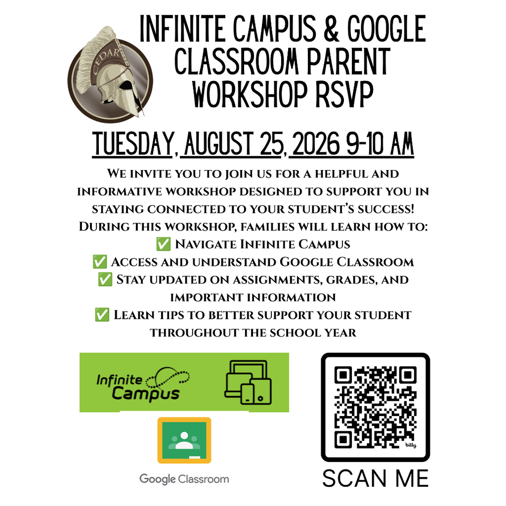 📚💻 Parents, We’ve Got You Covered! 💻📚 Join us for our Infinite Campus & Google Classroom Parent Workshop! 🎉 📅 Tuesday, August 25 ⏰ 9:00–10:00 AM Learn helpful tips and tricks to navigate Infinite Campus & Google Classroom, stay connected, check grades, keep up with assignments, and support your student’s success! ⭐ 💻 Come learn, ask questions, and feel more confident using these important tools! We can’t wait to see you there, Spartans!