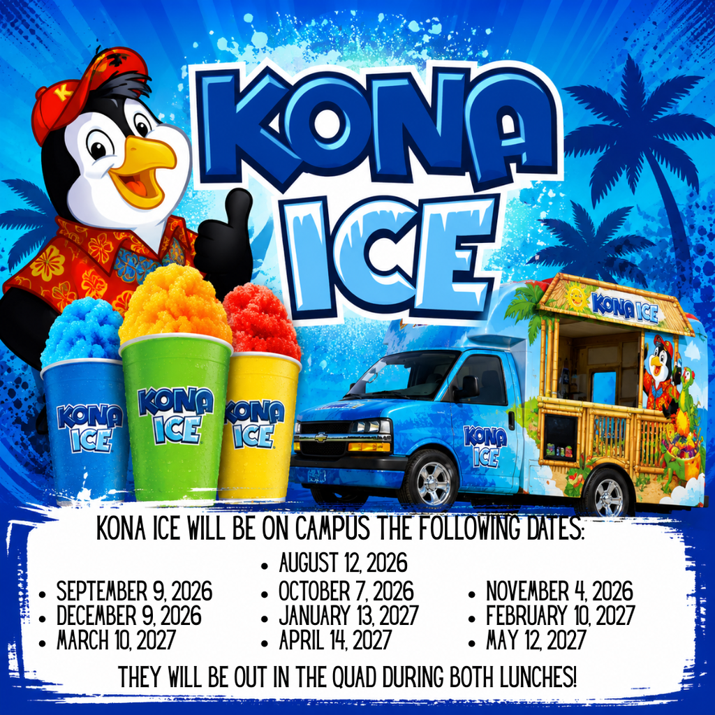 Kona Ice Is Here! Spartans, get ready for a sweet treat! 🎉 Kona Ice will be on campus TODAY during both lunches! 🍧 Bring your money and/or your Kona Ice cup and cool off with a delicious treat!
