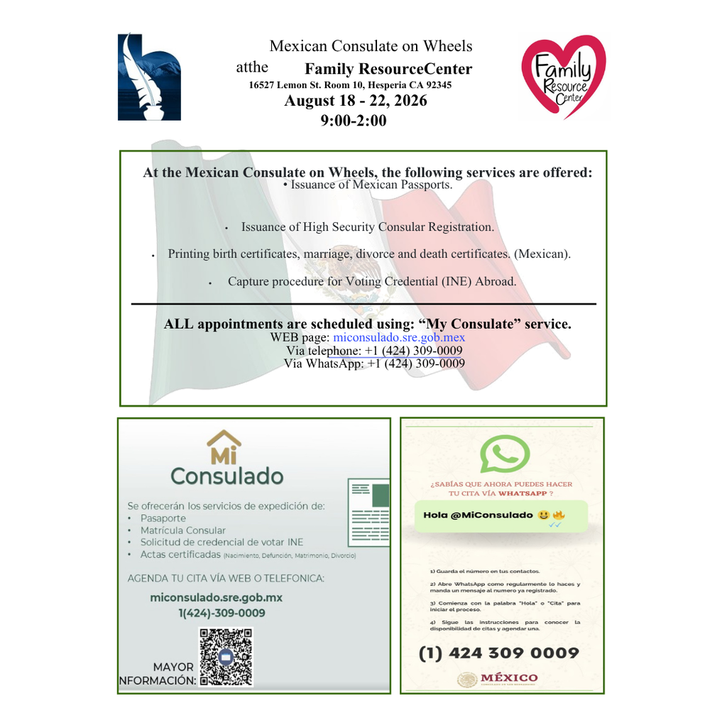🇲🇽 Consulado Mexicano Sobre Ruedas El Consulado Mexicano Sobre Ruedas estará disponible para citas del 18 al 22 de agosto. 🇲🇽 Si necesita servicios consulares, consulte el volante y comuníquese a los números de teléfono indicados para programar su cita. 📞 Se requiere cita previa. ¡Comparta esta información con cualquier persona de nuestra comunidad que pueda beneficiarse de esta oportunidad!