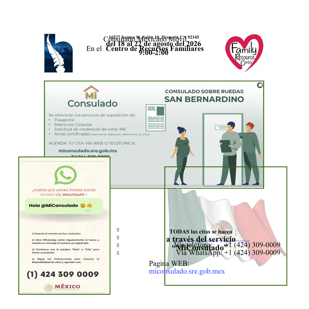 🇲🇽 Consulado Mexicano Sobre Ruedas El Consulado Mexicano Sobre Ruedas estará disponible para citas del 18 al 22 de agosto. 🇲🇽 Si necesita servicios consulares, consulte el volante y comuníquese a los números de teléfono indicados para programar su cita. 📞 Se requiere cita previa. ¡Comparta esta información con cualquier persona de nuestra comunidad que pueda beneficiarse de esta oportunidad!