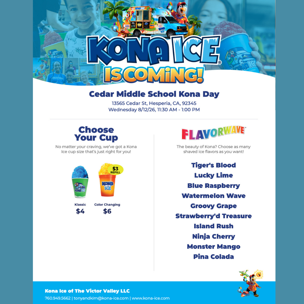 KONA ICE IS COMING! The Kona Ice truck is rolling in with tons of awesome flavors for you to mix and match. Create your own combo at the Flavorwave and make the ultimate shaved ice! Bring your friends, grab a cup, and chill out with the coolest treat around. Don’t miss it — it’s gonna be SNOW much fun!