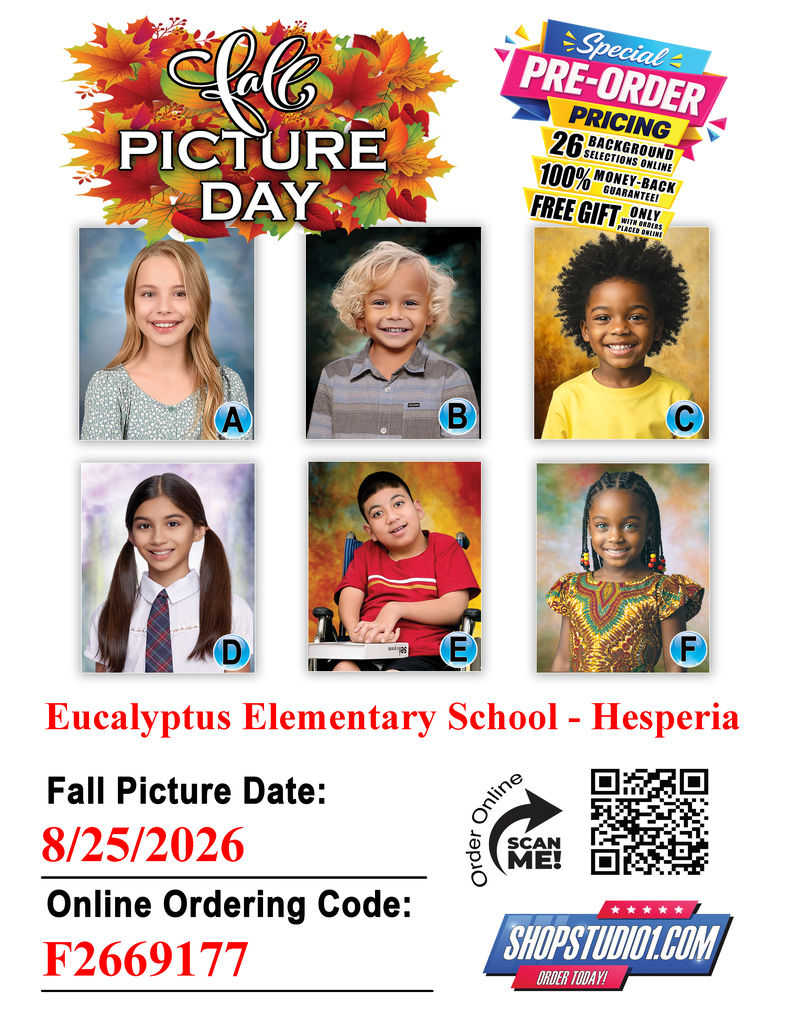 FALL PICTURE DAY IS COMING! Picture Day with Studio 1 is right around the corner! We’re excited to capture your student’s photo on 8/25/26 Parents/Guardians: Please remember to place your picture orders as soon as possible. Orders placed up to 72 hours after Picture Day are still considered pre-orders by Studio 1. We look forward to a great Picture Day!