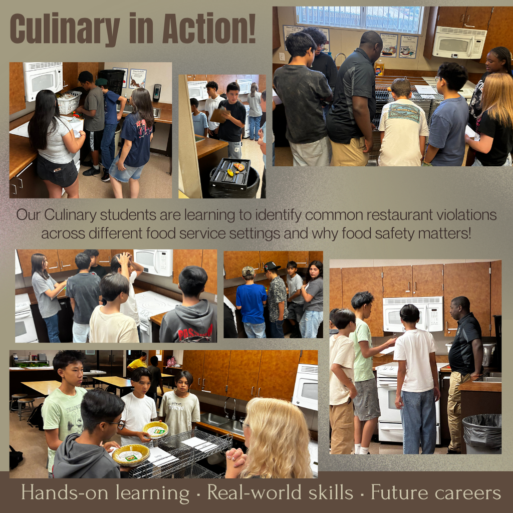 Learning Beyond the Kitchen! Our Culinary students are learning to look at food service through a professional lens! Yesterday, students practiced identifying common restaurant violations in a variety of settings and discussing how these issues can impact food safety, customers, and the overall dining experience. These hands-on lessons are helping our students build the knowledge and skills they’ll need for success in the culinary and hospitality industry! #CedarMiddleSchool #CulinaryArts #SpartanPride #LearningByDoing #FutureChefs