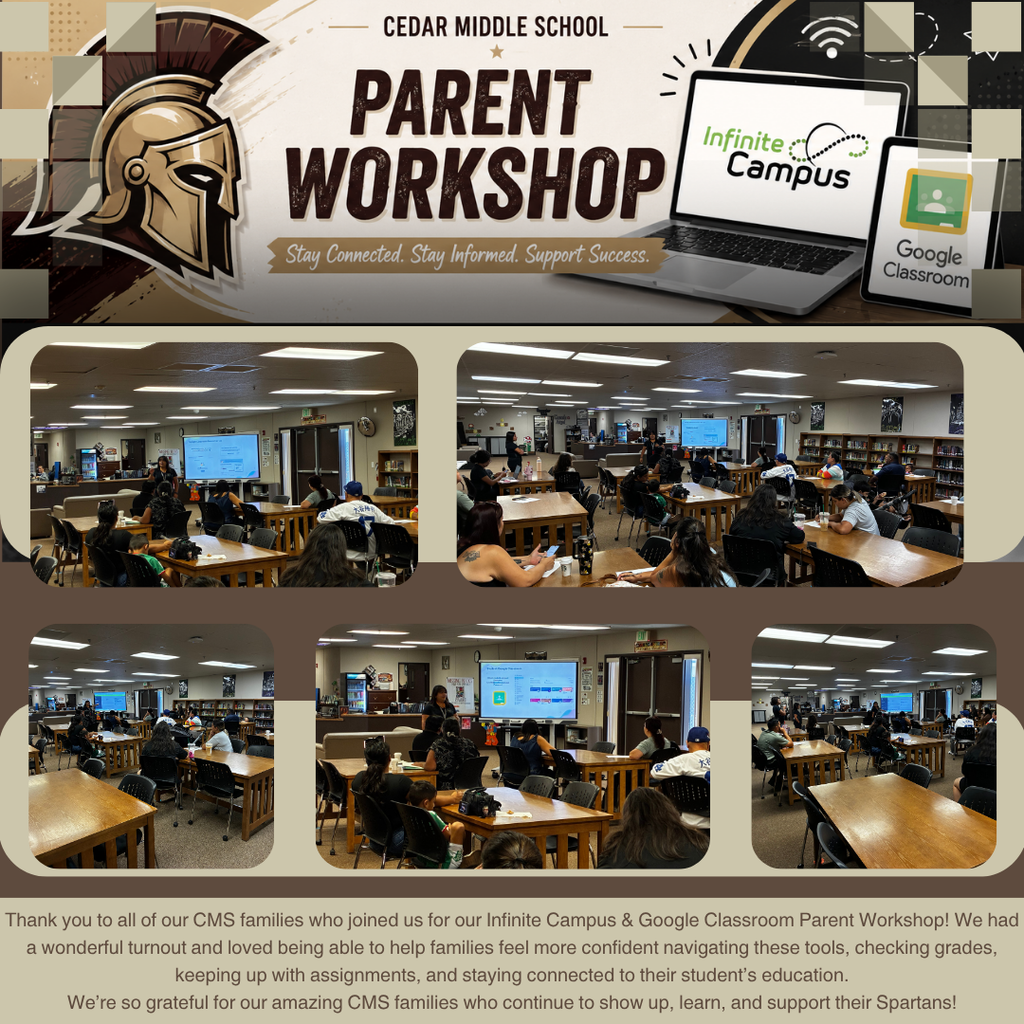 What a Great Turnout! Thank you to all of our CMS families who joined us for our Infinite Campus & Google Classroom Parent Workshop! We had a wonderful turnout and loved being able to help families feel more confident navigating these tools, checking grades, keeping up with assignments, and staying connected to their student’s education. We’re so grateful for our amazing CMS families who continue to show up, learn, and support their Spartans!