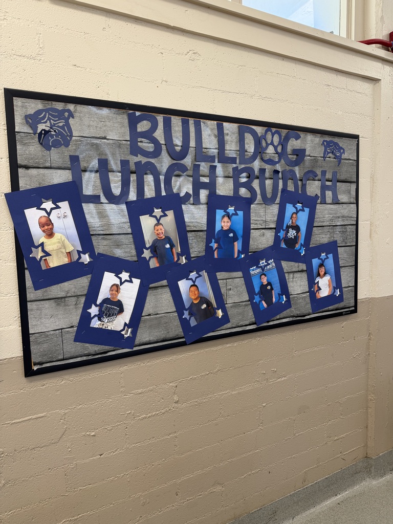 A school bulletin board titled “Bulldog Lunch Bunch” is displayed on a light-colored brick wall. The board has a gray wood-plank background with large navy-blue lettering and bulldog graphics in the upper corners. Eight student photos are displayed across the board in navy-blue frames decorated with stars. The display celebrates students selected for the school’s Bulldog Lunch Bunch.