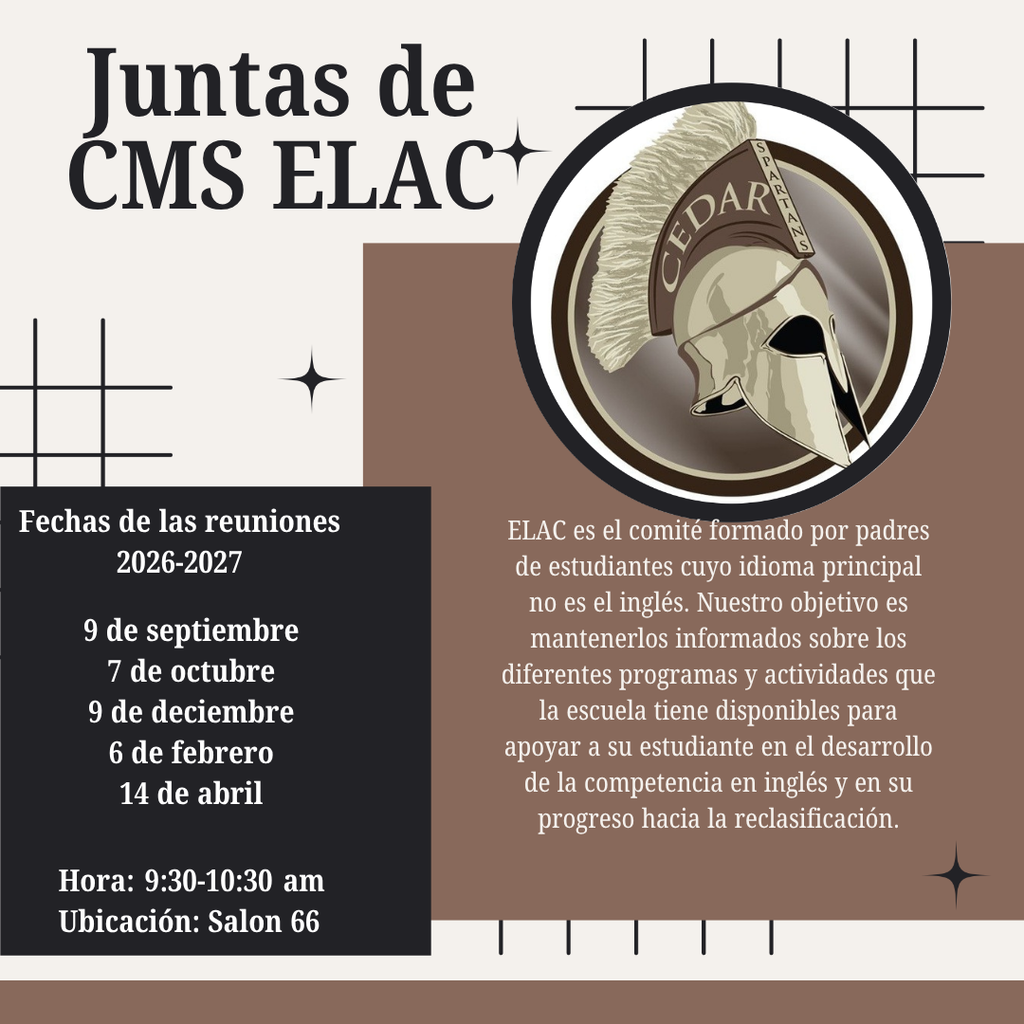 Los invitamos a nuestra primera reunión de ELAC del año escolar 2026–27. Será una excelente oportunidad para conectarnos, compartir información y trabajar juntos para apoyar a nuestros estudiantes y familias. 9 de septiembre 9:30–10:30 a. m. Salón 66 ¡Esperamos contar con su presencia!