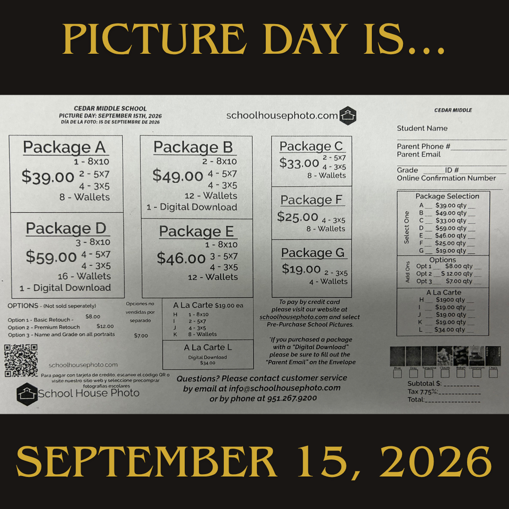 Picture Day is coming, Spartans! Mark your calendars for Tuesday, September 15, 2026! Make sure you come ready to smile and show off that Spartan spirit! ¡El Día de Fotos se acerca, Spartans! ¡Marquen sus calendarios para el martes 15 de septiembre de 2026! Asegúrense de venir listos para sonreír y mostrar su orgullo Spartan.