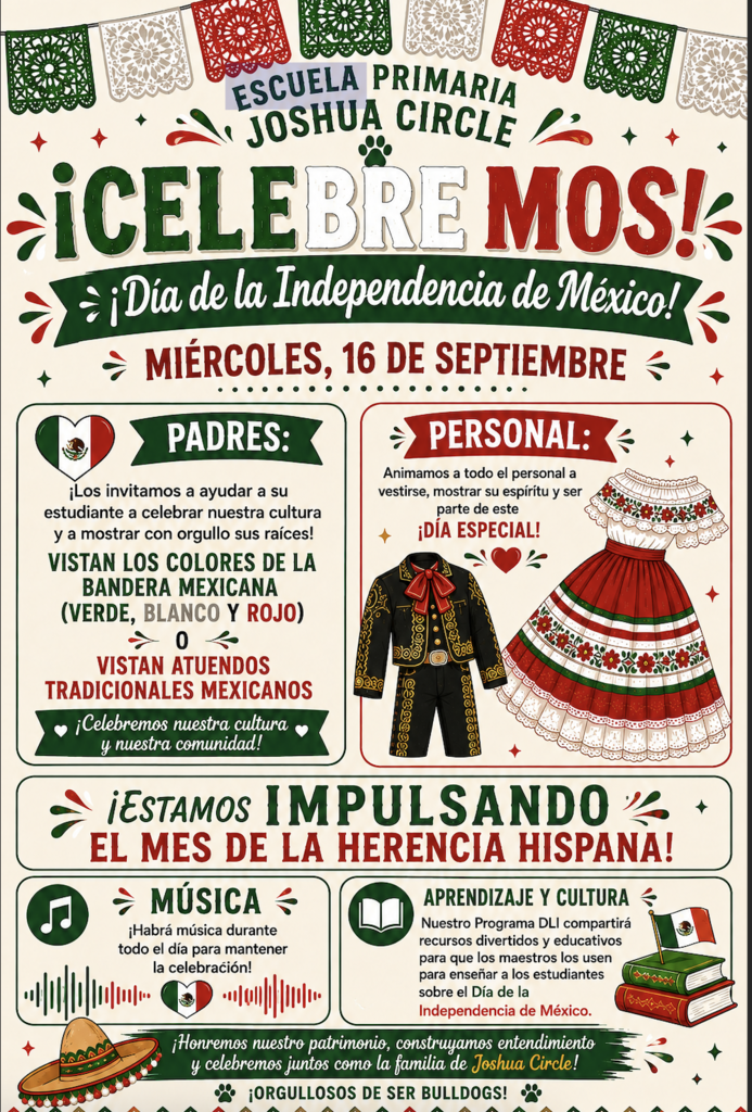 🎉 Tomorrow we’re kicking off Hispanic Heritage Month with a Spirit Day! ❤️🤍💚  Students and staff are invited to wear traditional Mexican attire or dress in green, white, and red as we celebrate the rich culture, traditions, and contributions of our Hispanic community! 🇲🇽  We can’t wait to see our Bulldogs show their spirit! 🐾💙  #JoshuaCircle #JCBulldogPride