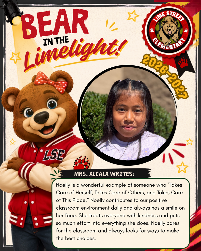 Noelly is a wonderful example of someone who “Takes Care of Herself, Takes Care of Others, and Takes Care of This Place.” Noelly contributes to our positive classroom environment daily and always has a smile on her face. She treats everyone with kindness and puts so much effort into everything she does. Noelly cares for the classroom and always looks for ways to make the best choices.