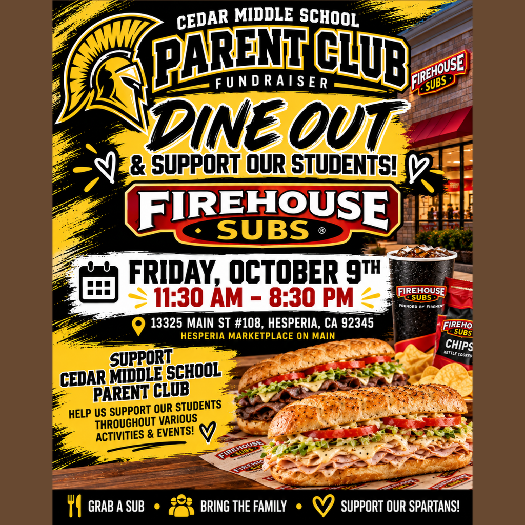 TODAY’S THE DAY! Need lunch or dinner today? Firehouse Subs has you covered! Join us for our Cedar fundraiser TODAY, October 9, from 11:30 AM–8:30 PM and enjoy a delicious meal while supporting our Spartans! Be sure to show the flyer when ordering so your purchase helps support Cedar! Grab your favorite sub, bring the family, and help make every bite count for our Spartans! Eat good. Support Cedar. Go Spartans! #CedarFundraiser #FirehouseSubs #SupportOurSpartans #SpartanPride #GoCedar