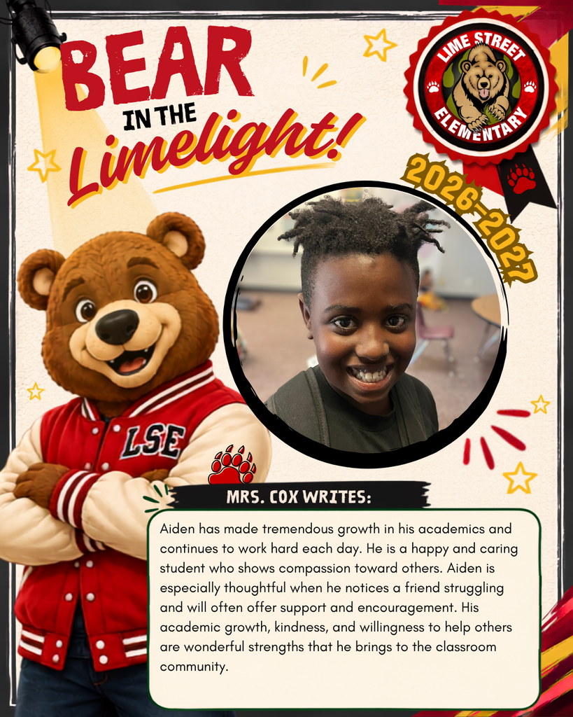 Aiden has made tremendous growth in his academics and continues to work hard each day. He is a happy and caring student who shows compassion toward others. Aiden is especially thoughtful when he notices a friend struggling and will often offer support and encouragement. His academic growth, kindness, and willingness to help others are wonderful strengths that he brings to the classroom community.