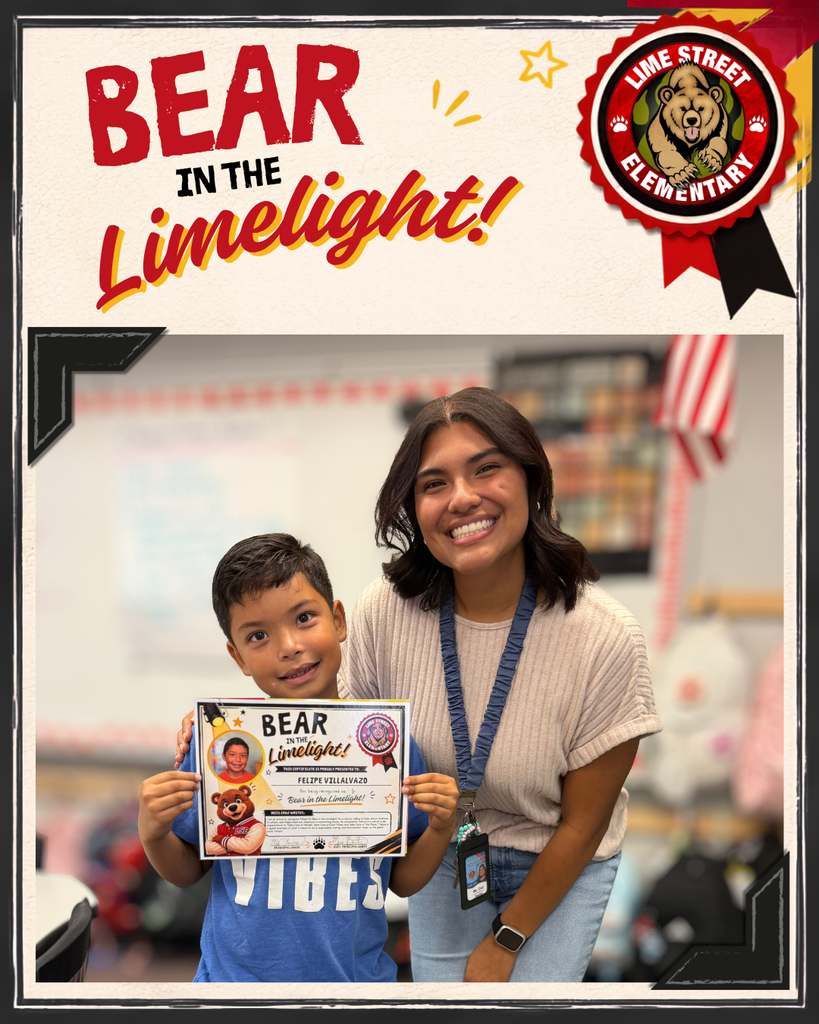Meet this week’s Bears in the Limelight, pictured with the staff members who nominated them! We are proud to recognize these students for the positive choices they make, the growth they show, and the ways they contribute to our school community. Congratulations to this week’s Bears in the Limelight! ¡Conoce a los «Bears in the Limelight» de esta semana, en la foto junto a los miembros del personal que los nominaron! Nos enorgullece reconocer a estos estudiantes por las decisiones positivas que toman, el crecimiento que demuestran y las formas en que contribuyen a nuestra comunidad escolar. ¡Felicidades a los «Bears in the Limelight» de esta semana!