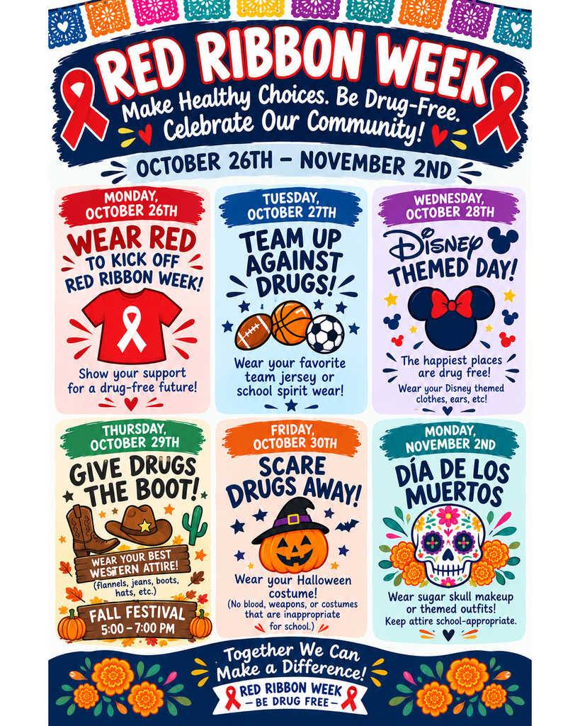 ❤️💙🐾 It's Red Ribbon Week, Bulldogs! 🐾💙❤️ Get ready for a week full of fun, school spirit, and GOOD CHOICES! 🎉 Join us October 26 – November 2 as we celebrate living healthy, happy, and drug-free! Check out our daily dress-up themes and show off your Bulldog spirit! 🐶✨ Big choices start with little Bulldogs! ❤️ 🇲🇽 ¡Es la Semana del Listón Rojo, Bulldogs! ❤️💙🐾 ¡Prepárense para una semana llena de diversión, espíritu escolar y BUENAS DECISIONES! 🎉 ¡Únanse a nosotros del 26 de octubre al 2 de noviembre para celebrar una vida sana, feliz y libre de drogas! ¡Descubran nuestros temas diarios para disfrazarse y muestren su espíritu Bulldog! 🐶✨ ¡Las grandes decisiones comienzan con nuestros pequeños Bulldogs! ❤️ #RedRibbonWeek #JoshuaCircleBulldogs