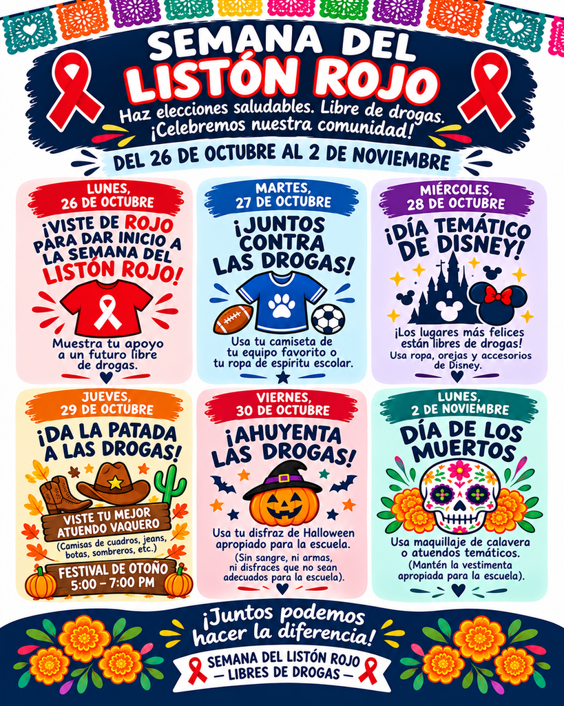 ❤️💙🐾 It's Red Ribbon Week, Bulldogs! 🐾💙❤️ Get ready for a week full of fun, school spirit, and GOOD CHOICES! 🎉 Join us October 26 – November 2 as we celebrate living healthy, happy, and drug-free! Check out our daily dress-up themes and show off your Bulldog spirit! 🐶✨ Big choices start with little Bulldogs! ❤️ 🇲🇽 ¡Es la Semana del Listón Rojo, Bulldogs! ❤️💙🐾 ¡Prepárense para una semana llena de diversión, espíritu escolar y BUENAS DECISIONES! 🎉 ¡Únanse a nosotros del 26 de octubre al 2 de noviembre para celebrar una vida sana, feliz y libre de drogas! ¡Descubran nuestros temas diarios para disfrazarse y muestren su espíritu Bulldog! 🐶✨ ¡Las grandes decisiones comienzan con nuestros pequeños Bulldogs! ❤️ #RedRibbonWeek #JoshuaCircleBulldogs