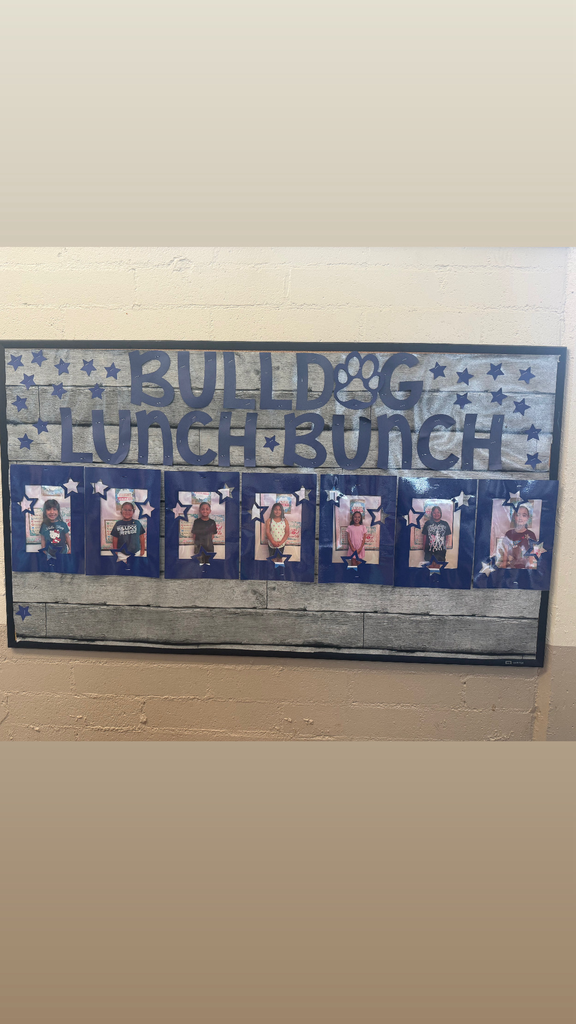 A school bulletin board titled “Bulldog Lunch Bunch” is displayed on a light-colored brick wall. The board has a gray wood-plank background with large navy-blue lettering and bulldog graphics in the upper corners. Eight student photos are displayed across the board in navy-blue frames decorated with stars. The display celebrates students selected for the school’s Bulldog Lunch Bunch.