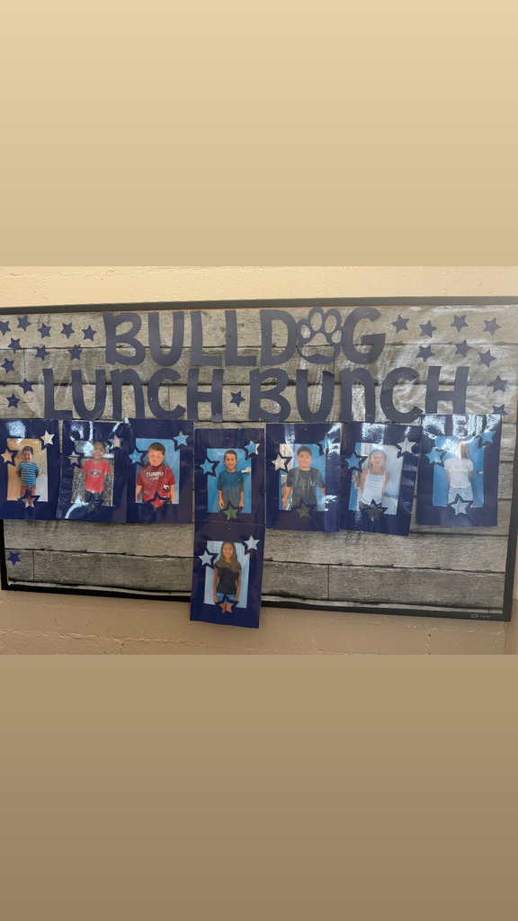 A school bulletin board titled “Bulldog Lunch Bunch” is displayed on a light-colored brick wall. The board has a gray wood-plank background with large navy-blue lettering and bulldog graphics in the upper corners. Eight student photos are displayed across the board in navy-blue frames decorated with stars. The display celebrates students selected for the school’s Bulldog Lunch Bunch.