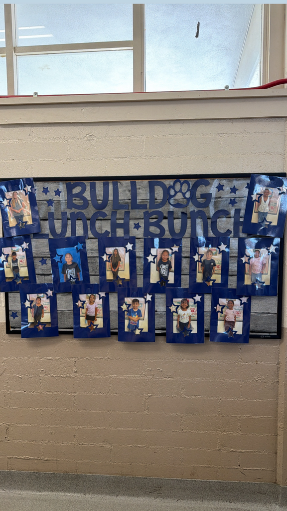 A school bulletin board titled “Bulldog Lunch Bunch” is displayed on a light-colored brick wall. The board has a gray wood-plank background with large navy-blue lettering and bulldog graphics in the upper corners. Eight student photos are displayed across the board in navy-blue frames decorated with stars. The display celebrates students selected for the school’s Bulldog Lunch Bunch.