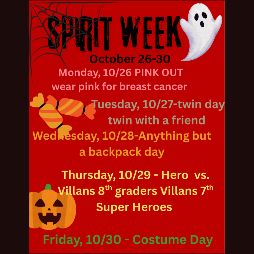 It’s time to show off that Cedar School pride! Break out your best outfits, bring the energy, and let’s make this week unforgettable. Here’s the game plan for the week: Monday: PINK OUT, wear pink for Breast Cancer Awareness Tuesday: TWIN DAY, twin with a friend Wednesday: ANYTHING BUT A BACKPACK Thursday: SUPER HERO vs VILLANS - 8th graders dress up as VILLIANS, 7th graders dress up as a SUPER HERO! Friday: COSTUME DAY, Which spirit day are you most excited for?